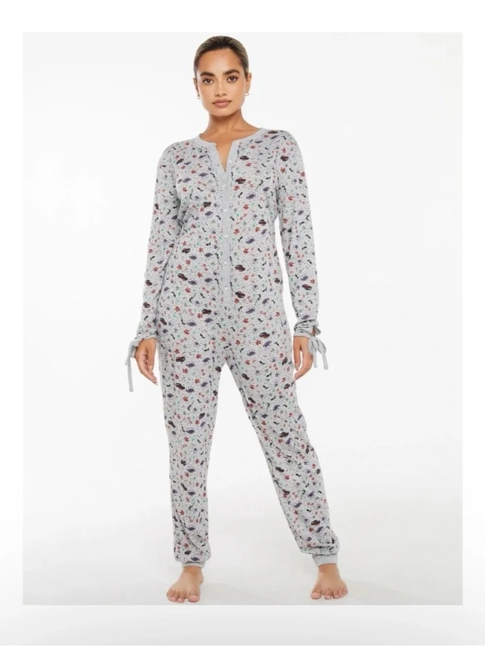Savage X Fenty Heather Gray Floral Button-Front Pajama Jumpsuit